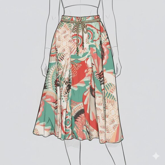 Coral, Green, Peach, Cream Floral Boho Elie Tahari Tropical Midi Skirt (US 2) - Picture 5 of 5